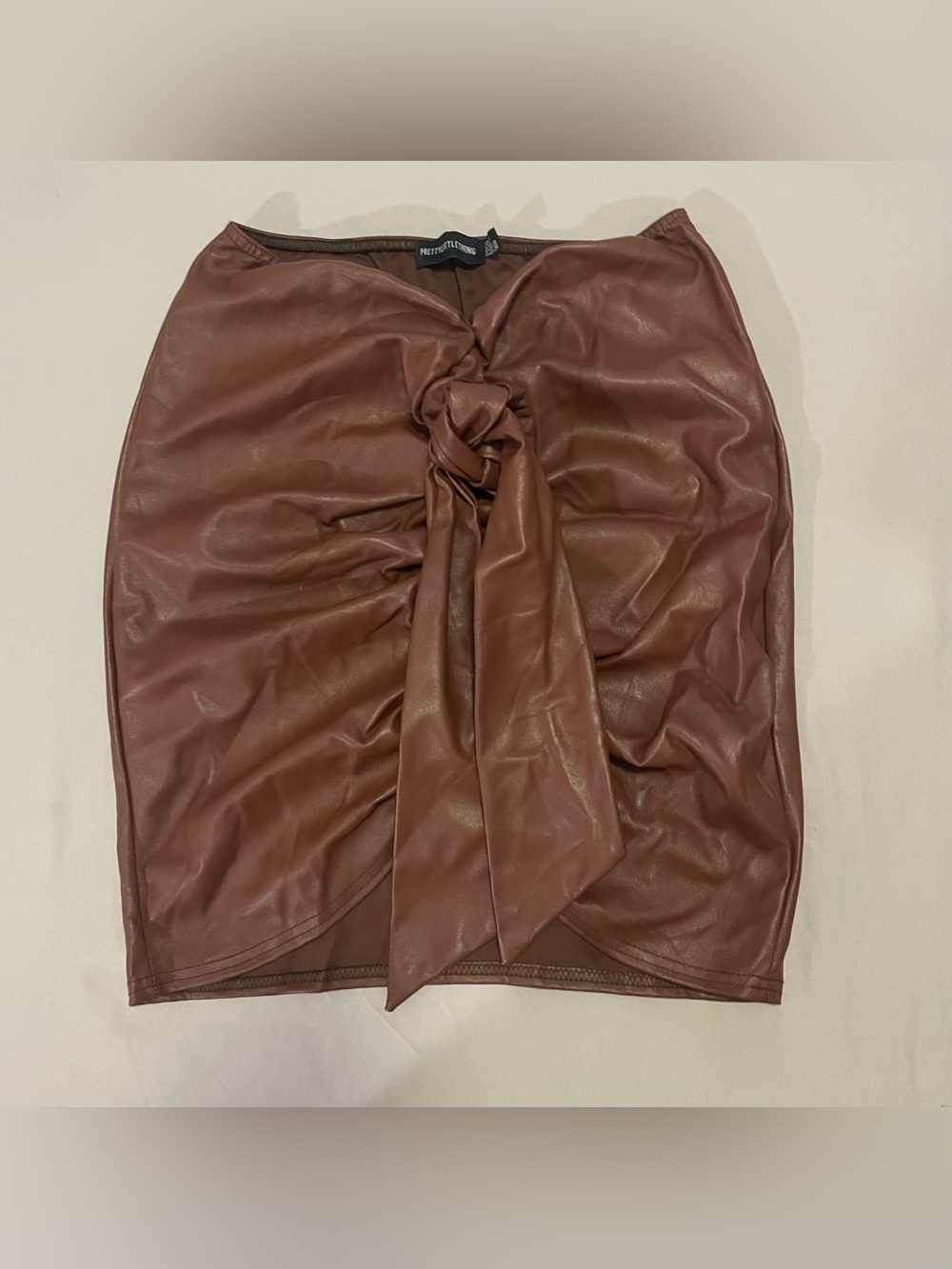 PrettyLittleThing Brown Faux Leather Knot-Front Pencil Skirt